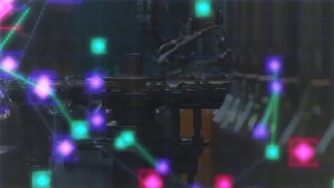 Neon nodes appearing and starting overlay rotating turntable moving bottles in Stock Footage 333859672