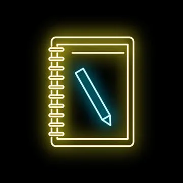 Neon notebook and pencil icon glowing on a dark background Stock Illustration