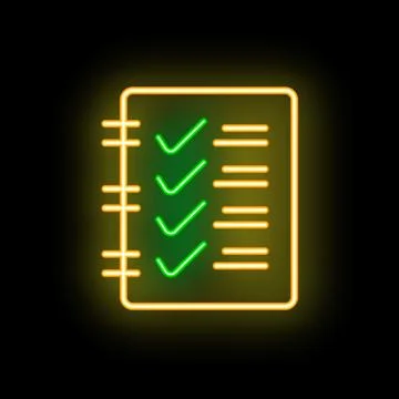 Neon notebook with checkmarks glowing on black background Stock Illustration