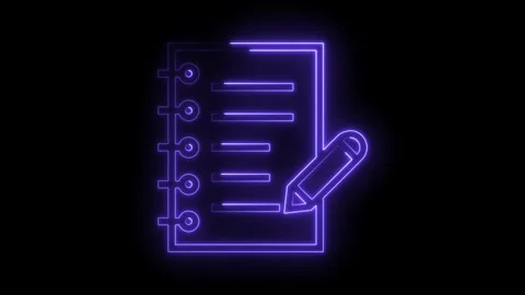 Neon notebook icon with pencil on black background glowing purple light effects Stock Footage 322984307