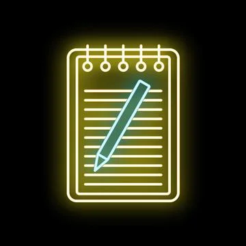 Neon notebook icon showing writing and memo pad Stock Illustration