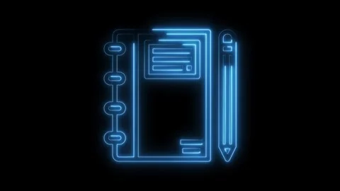 Neon notebook with pencil animation glowing blue line design on dark background Stock Footage 322973398