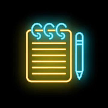 Neon notepad and pen icon for writing and notes 스톡 일러스트