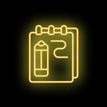 Neon notepad and pencil icon glowing on dark background Stock Illustration