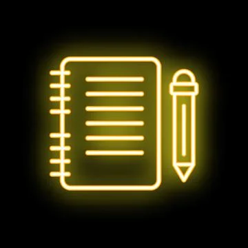 Neon notepad and pencil icon glowing on dark background Illustrazione stock