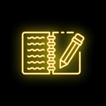 Neon notepad and pencil icon for writing and idea generation Stock Illustration
