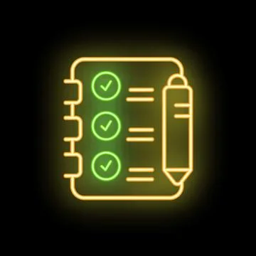 Neon notepad with checked task list and pen on black background Stock Illustration