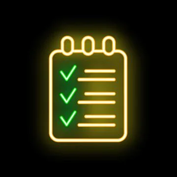 Neon notepad showing check marks on dark background Stock Illustration