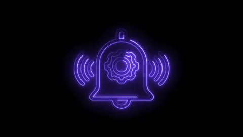 Neon notification bell with gear icon glowing blue against black backdrop ale Stock Footage 346008670