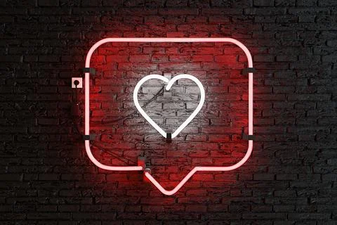 Neon notification frame with heart inside on brick wall Stock Photos