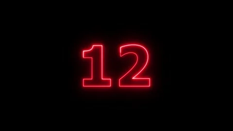 Neon number 12 countdown timer glowing red on black background. 스톡 동영상 337443854