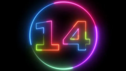 Neon number 14 multicolor light streak digital timer on black background Vidéo 330417598