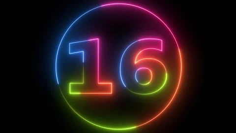 Neon number 16 loop video - Glowing colorful digits and numbers motion grap.. Stockbeeldmateriaal 330411078