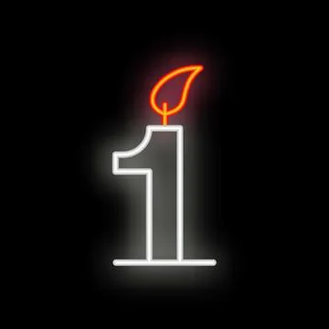 Neon number one candle burning with flame on black background Stock Illustration