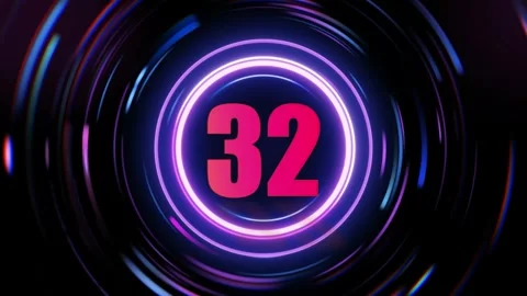 Neon number thirty two countdown animation with glowing rings with while 库存影片 344712383