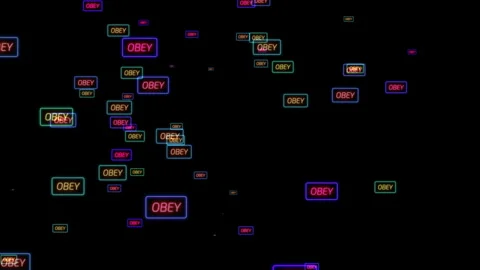 Neon OBEY Signs Repeating Over Dark Background Conceptual Dystopian Control.. Stock Footage 330503335