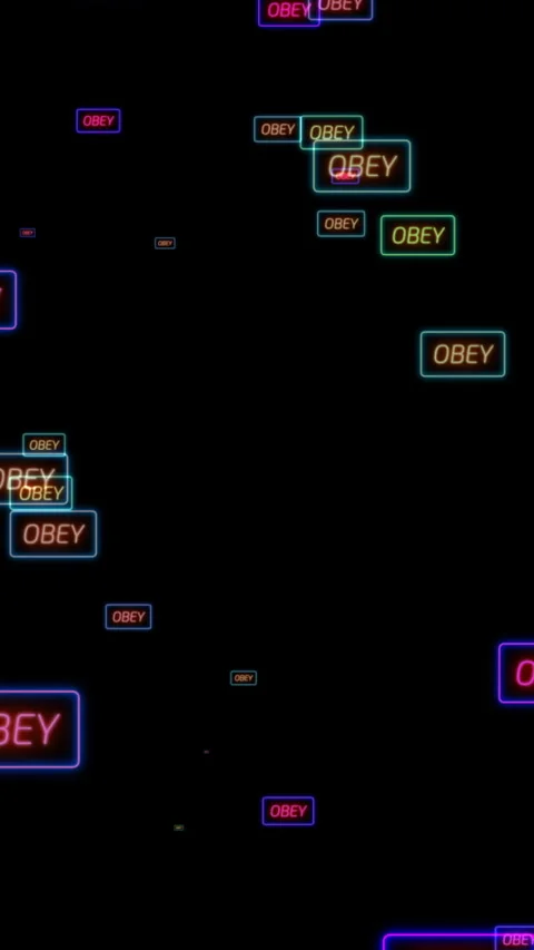 Neon OBEY Signs Repeating Over Dark Background Conceptual Dystopian Control.. Stock Footage 337738258