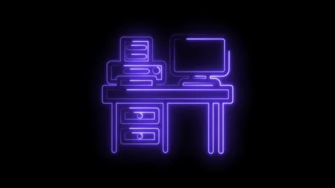 Neon office desk with computer and printer technology animated glowing outline Stock Footage 330777485