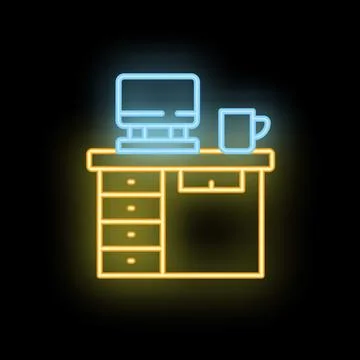 Neon office desk with computer and coffee mug on black background Stock Illustration