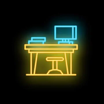 Neon office desk with computer and chair on black background Stock Illustration