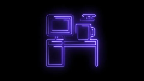 Neon office desk computer coffee cup and sticky notes animated outline style on Stock Footage 322961598