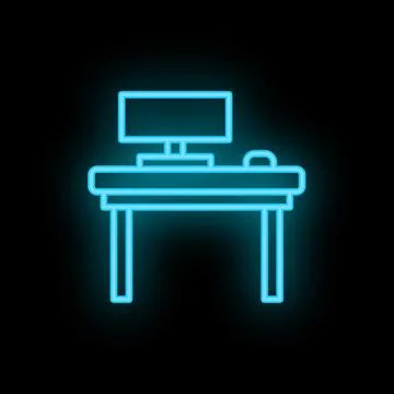 Neon office desk with computer mouse and monitor shining on black background 스톡 일러스트