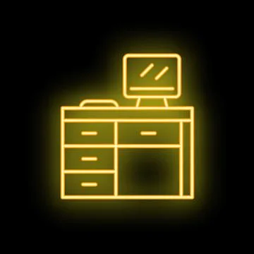 Neon office desk with computer shining in the dark Stock Illustration