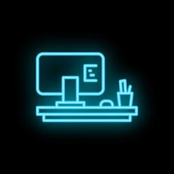 Neon office desk sign with computer and pencils on black background Stock Illustration