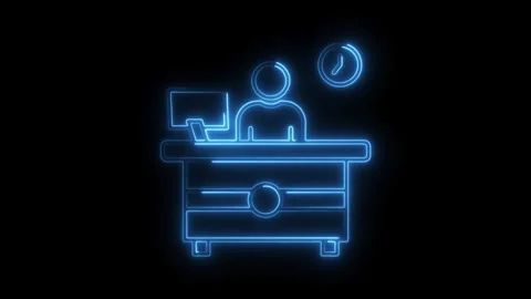 Neon office worker at desk with computer and clock animated on black backgrou Stock Footage 308903082
