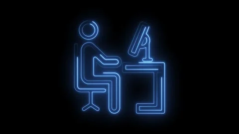 Neon office worker at desk with computer animated icon for business or work Stock Footage 322963107
