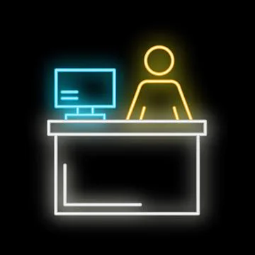 Neon office worker icon with computer on desk Illustrazione stock