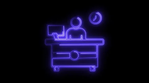Neon office workplace with computer desk and clock animation in loop on bla.. Video stock 308903074