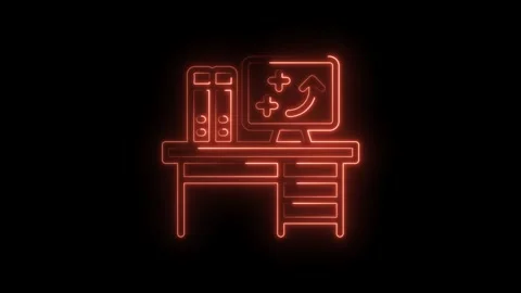 Neon office workspace with computer arrow and folders on a desk animated icon Stock Footage 322962176