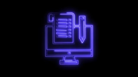 Neon online form on computer screen glows with a pen editing document Stock Footage 312448083