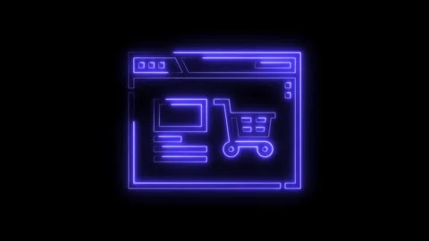 Neon online store interface on dark background with shopping cart icon Stock Footage 312333395
