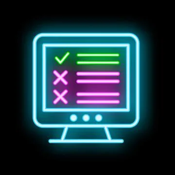 Neon online survey on computer screen with checkmarks and crosses Stock Illustration