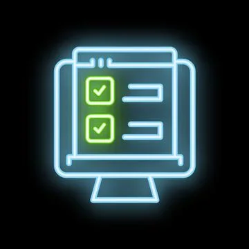 Neon online survey on computer screen icon illustrating user engagement Stock Illustration