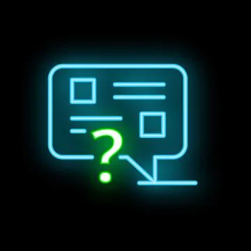Neon online survey form with question mark icon glowing on dark background Stock Illustration