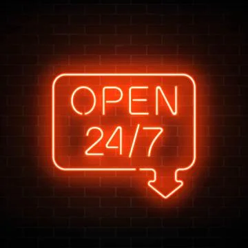 Neon open 24 hours 7 days a week sign in geometric shape with arrow on a bric Stock Illustration