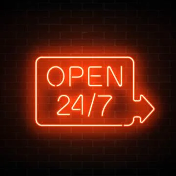 Neon open 24 hours 7 days a week sign in geometric shape with arrow on a bric Stock Illustration