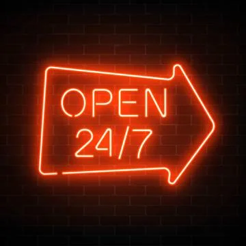 Neon open 24 hours 7 days a week sign in geometric arrow shape on a dark bric Stock Illustration
