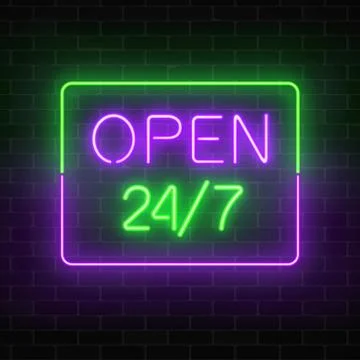 Neon open 24 hours 7 days a week sign in rectangle shape on a brick wall back イラスト素材