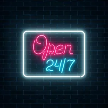 Neon open 24 hours 7 days sign in geometric shape on a brick wall background. Stock Illustration
