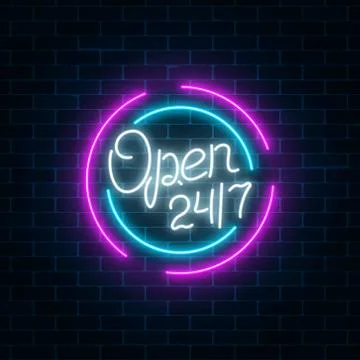 Neon open 24 hours 7 days sign in circle shape on a brick wall background. Ro Stock Illustration