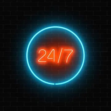 Neon open 24 hours in circle frame sign on a brick wall background. Stock Illustration
