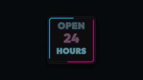 Neon Open 24 Hours Sign with Blue and Pink Glowing Border 4K Stock Footage 339029512