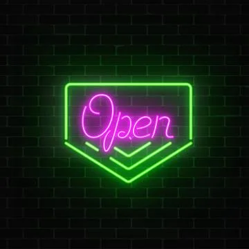 Neon open 24 hours sign board in geometric frame with arrows on a brick wall  Stock Illustration