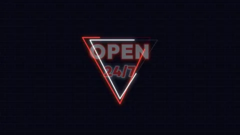 Neon Open 247 Motion Graphic with Red and White Triangle 4K Stock Footage 339029503