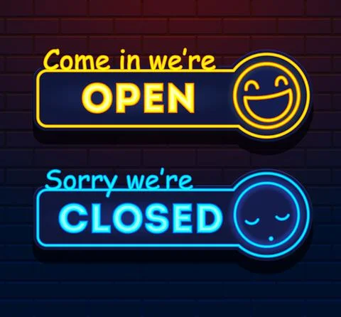 Neon Open and Closed vector signs. Lights Open Closed Vector store signs on a Stock Illustration