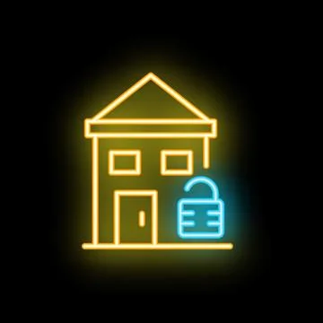 Neon open padlock with glowing house shape background on black background Stock Illustration
